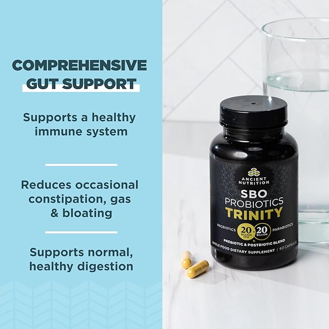 Ancient Nutrition SBO Probiotic Trinity Daily Care Probiotics for Digestive Health 40 Billion Blend of Prebiotics Probiotics Postbiotics and Parabiotics Reduces Occasional Bloating 60 Count