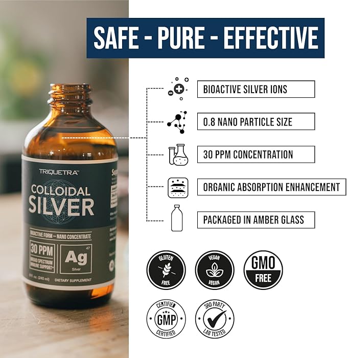 Bioactive Colloidal Silver - 8 oz Glass Bottle Vegan Safe Doses with Highest Effectiveness - Nano Ions 30 PPM - Immune Support (48 Servings)