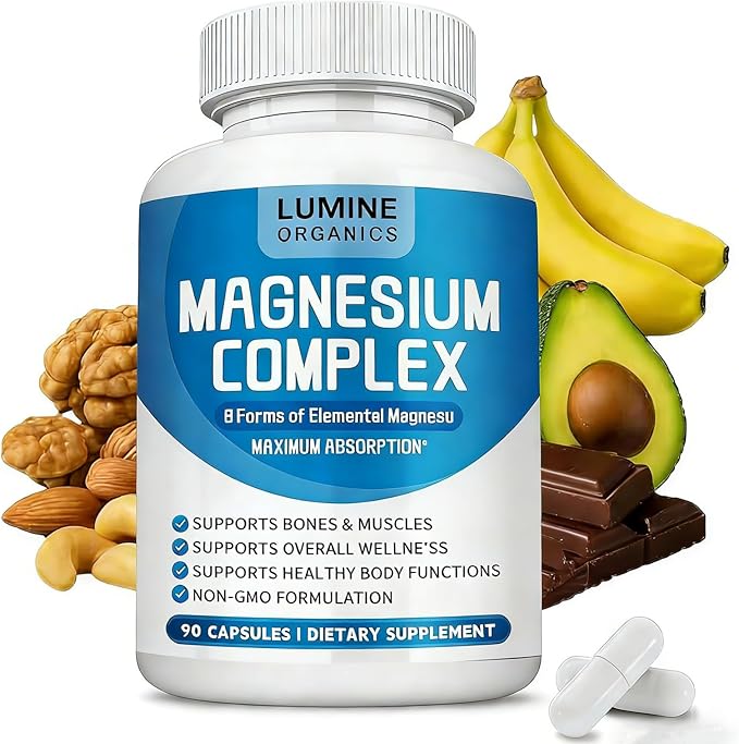 1PCSLumine Organics Magnesium Complex Supplement 1000mg - Advanced 8-in-1 Magnesium Blend - Glycinate Citrate Malate Taurate etc.– High Absorption Formula – Non-GMO 90 Capsules (1B)