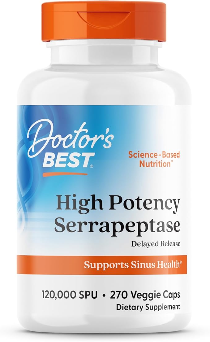 Doctor's Best Serrapeptase Supplement for Men &amp Women - Proteolytic Enzyme for Sinus &amp Immune Health Support 120000 SPU per Veggie Capsule High Potency Formula Non-GMO Vegan - 270 Veg Cap