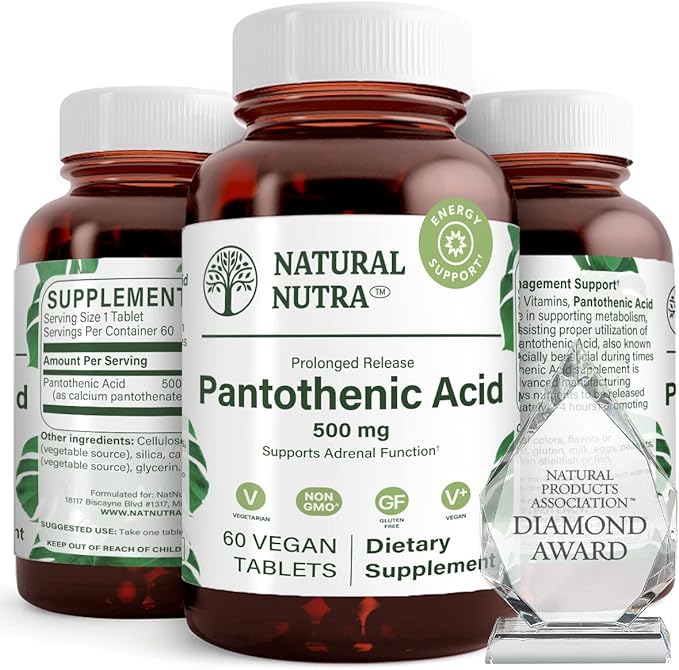 Natural Nutra Time Release Pantothenic Acid 500 mg Vitamin B5 Supplement Helps Break Down Fat and Carbohydrates Metabolism and Energy Improve Muscle Health Reduce Skin Spots 60 Vegetarian Tablets