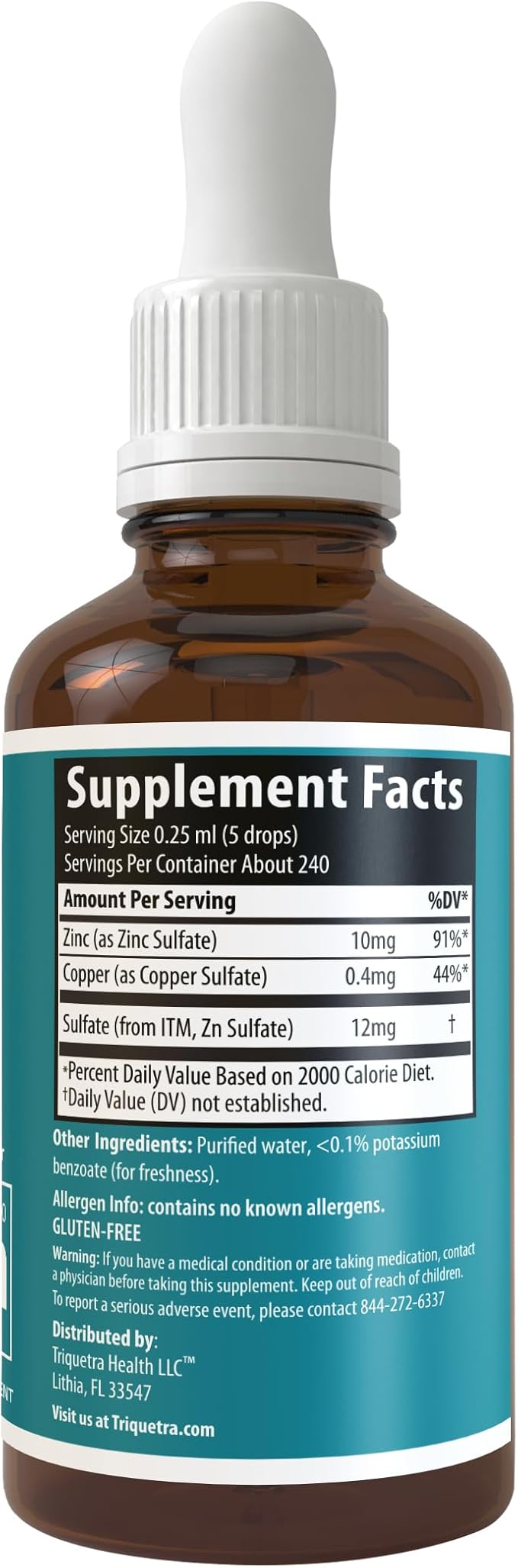 Ionic Zinc Plus Copper Liquid Concentrate 240 Servings Glass Bottle Vegan - Balanced Ratio of Zinc Copper - Supports Immunity Brain Thyroid (2 oz.)