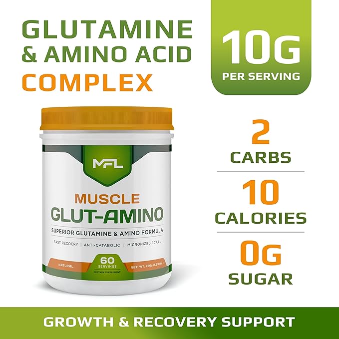 MFL Muscle Glut-Amino | Glutamine Complex | Amino Complex | 0 Sugar | Sweetened with Stevia | All-Natural | 60 Servings (Natural)