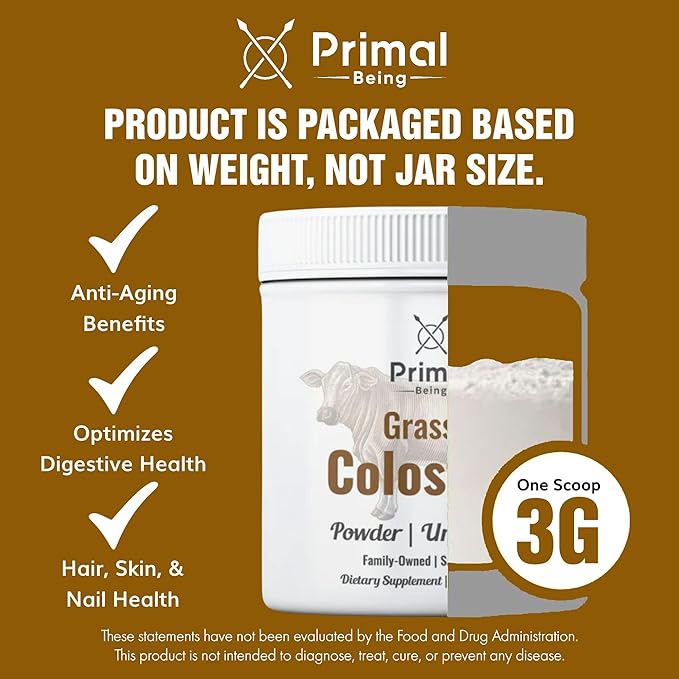 Primal Being Grassfed Beef Colostrum - Supports Immune Function Gut Health Hair Anti-Aging Athletic Performance Recovery - 90 Grams unflavored Powder 3000 mg per Serving