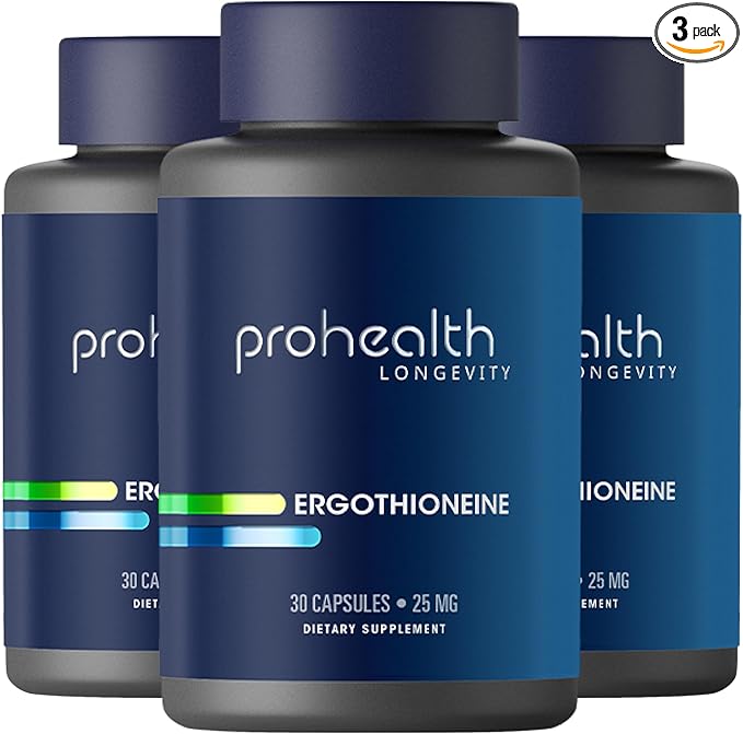 ProHealth Ergothioneine 5X Strength. 25mg Clinical Research Dose. Natural Amino Acid Mushroom Supplement for Improved Cognition Heart Health. Longevity Vitamin. 25 mg/Serving 30 Servings (3 Pack)