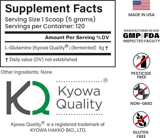 L-Glutamine 600grams (120 Servings) Unflavored Non-GMO Vegan Fermented Third-Party Lab Tested. Made with Halal and Kosher Certified Ingredients.