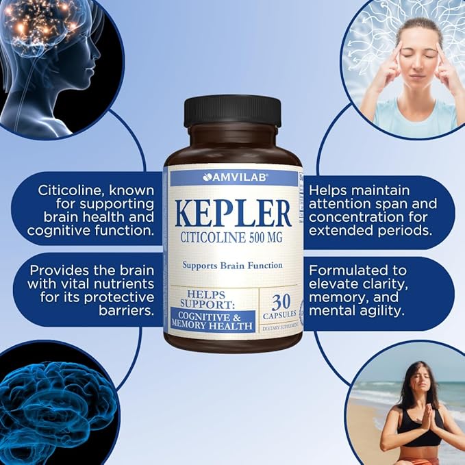 Kepler - CDP-Choline Supplement |Citicoline 500m| -Supports Memory Focus &amp Cognitive Function - for Focus &amp Mental Clarity - Gluten Free &amp Non-GMO - Dietary Supplement - 30 Capsules