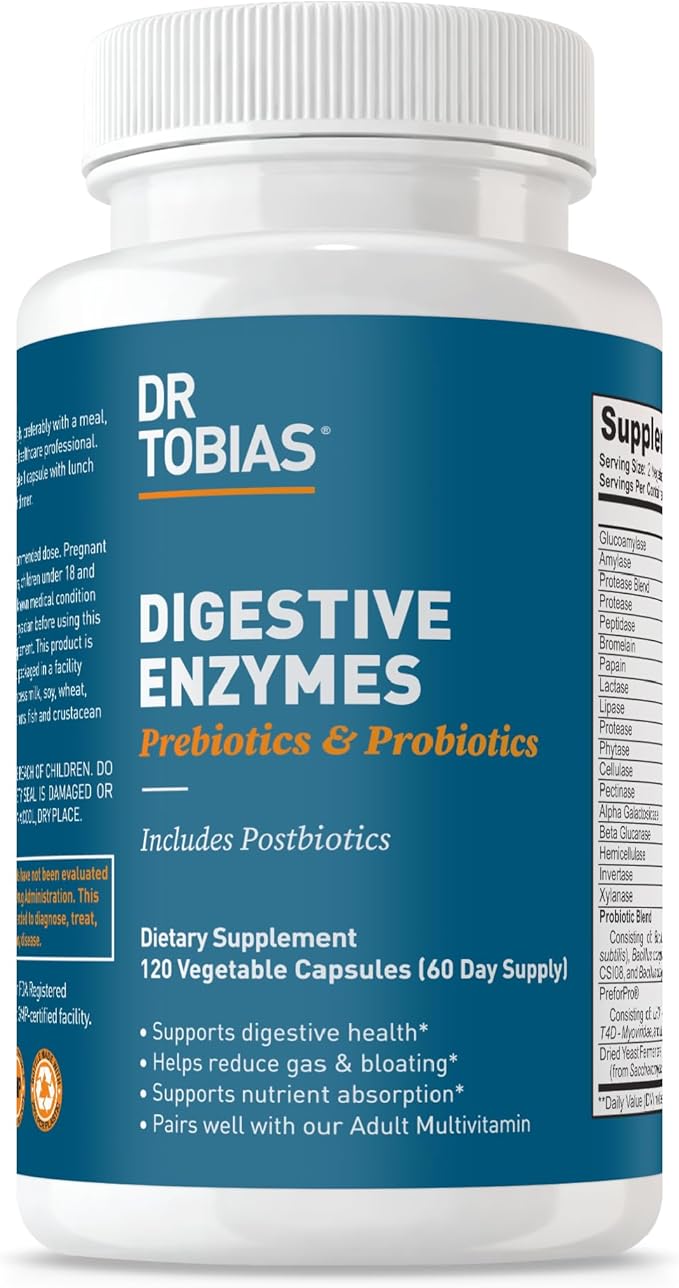 Dr. Tobias Digestive Enzymes with Probiotics Prebiotics and Postbiotics Bromelain Amylase Lipase for Better Digestion &amp Immune Function 120 Capsules 60 Servings (2 Daily)