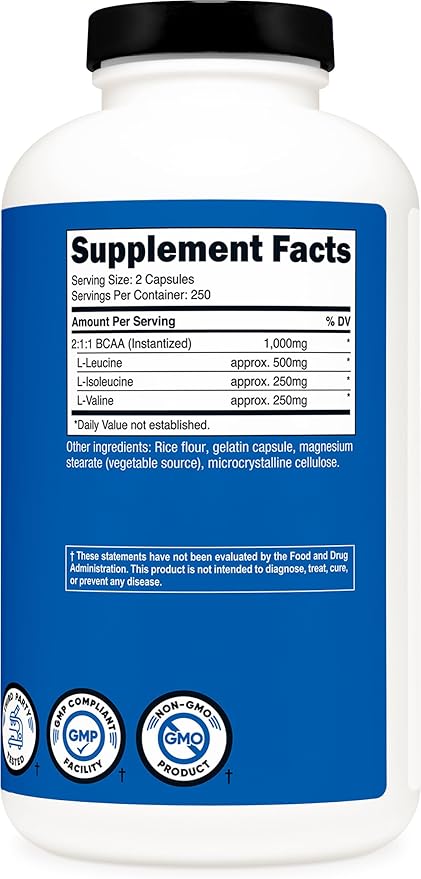 Nutricost BCAA 1000mg 500 Capsules (250 Serv) 2:1:1 Branched Chain Amino Acids (500mg of L-Leucine 250mg of L-Isoleucine and L-Valine) (Pack of 2)