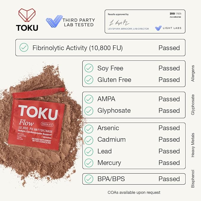 Toku Nattokinase 10800 FU Supplement with Vitamin K2 MK7 &amp Oat Beta Glucan Daily Circulation Support Powder Plant-Based Drink Mix Soy-Free 30 Single-Serve Packets - Unflavored