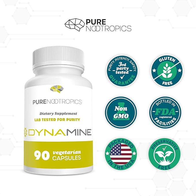 Pure Nootropics - Dynamine (Methylliberine: 179-tetramethyluric Acid) 100 mg Capsules (90) | Increased Energy Focus &amp Alertness | in House &amp Rigorous 3rd Party Testing for Higher Purity &am