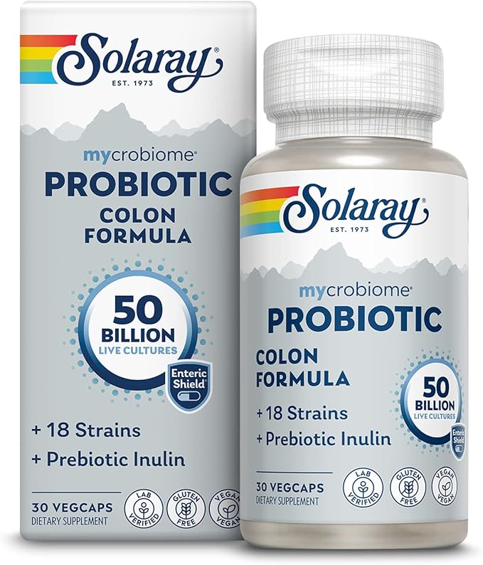 SOLARAY Mycrobiome Probiotic Colon Formula Vegan Digestive Function Colon Health and Immune System Support 50 Billion CFU 18 Strains Prebiotic Inulin 60-Day Guarantee 30 Servings 30 VegCaps