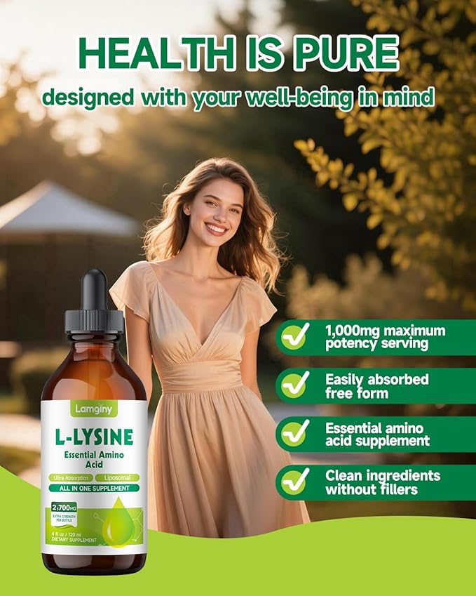 L-lysine 1000mg Supplement Liposomal Lysine Liquid Drops for Adults L-Lysine Liqud Drops 1000mg Lysine for Kids &amp Adults with Calcium Complex GABA Vitamins Skin &amp Lip Health Immune &amp
