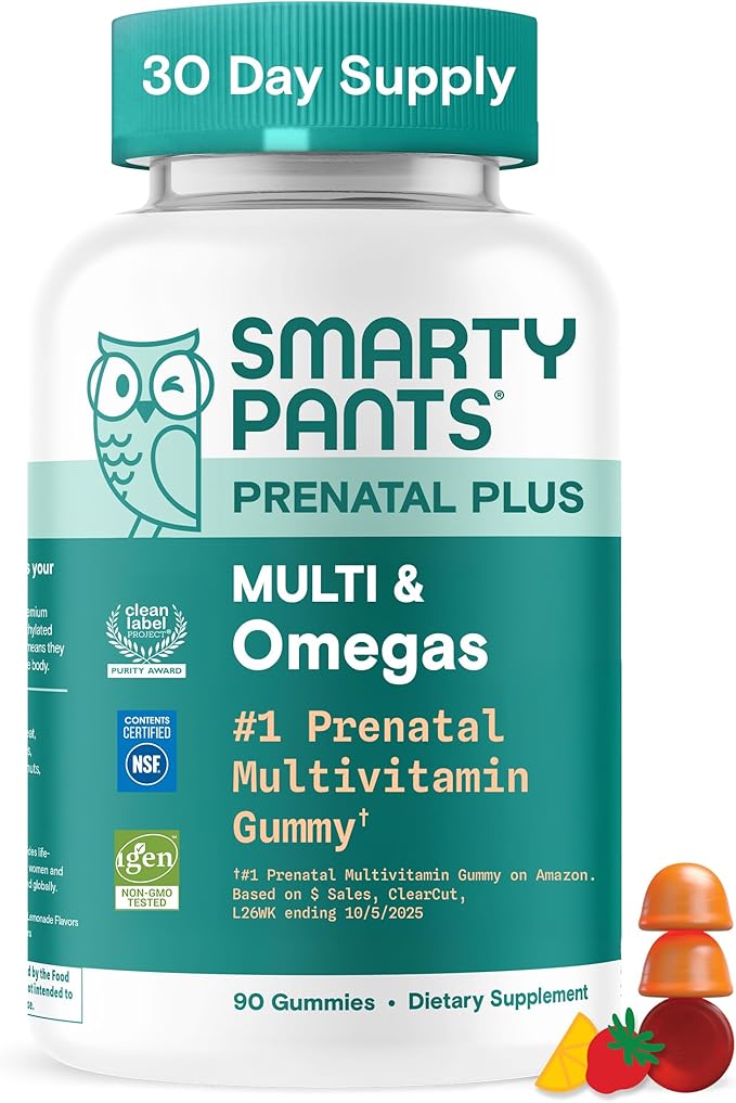 SmartyPants Prenatal Multivitamin Gummies Omega 3 (DHA/EPA) Methylfolate Biotin Vitamin D3 C Vitamin B12 B6 Vitamin A K &amp Zinc Gluten Free 90 Count (30 Day Supply)