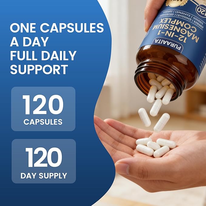 Puravita Magnesium Complex - Puravita 12 in 1 Magnesium Supplement with Glycinate Citrate Malate Oxide Taurat &amp More for Muscle Nerve &amp Sleep Support 120 Count