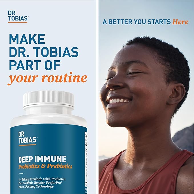 Dr. Tobias Deep Immune Probiotics &amp Prebiotics - Dual Action Digestion &amp Immune Support with PreforPro Prebiotics &amp Spore Forming Probiotics for Women &amp Men - 180 Capsules (90 Servings