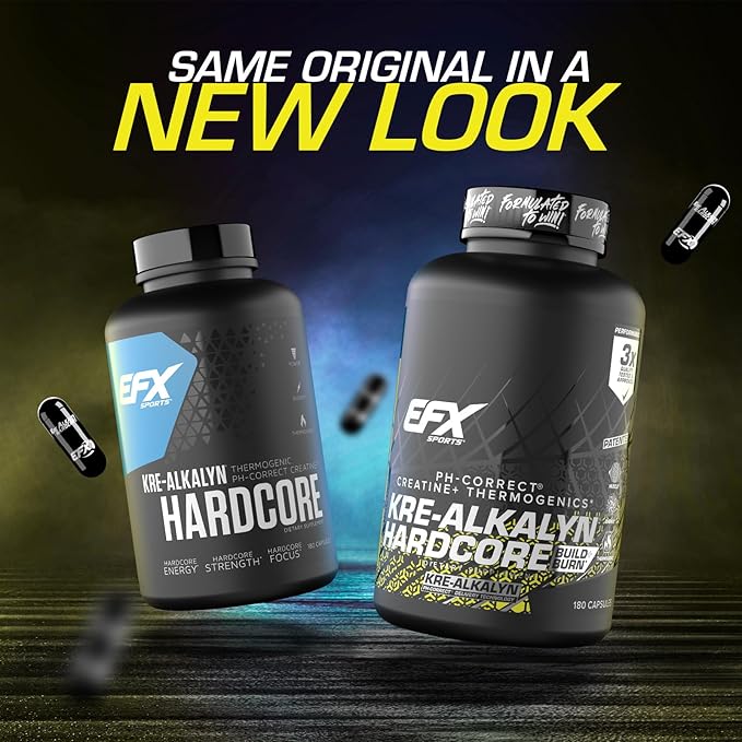 EFX Sports Kre-Alkalyn Hardcore | Thermogenic pH Correct Creatine Monohydrate Pill Supplement | Energy &amp Strength Pre Workout | 60 Servings 180 Capsules