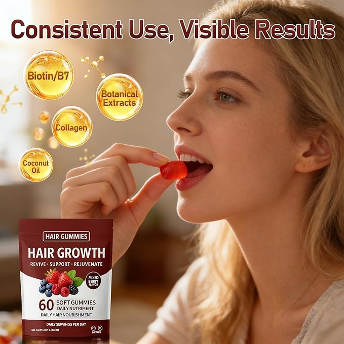 Hair Growth Gummies Daily Hair Nourishment with Biotin Collagen &amp Botanical Extracts Supports Healthy Hair Growth &amp Strength Skin &amp Nail Care Non-GMO 60 Gummies