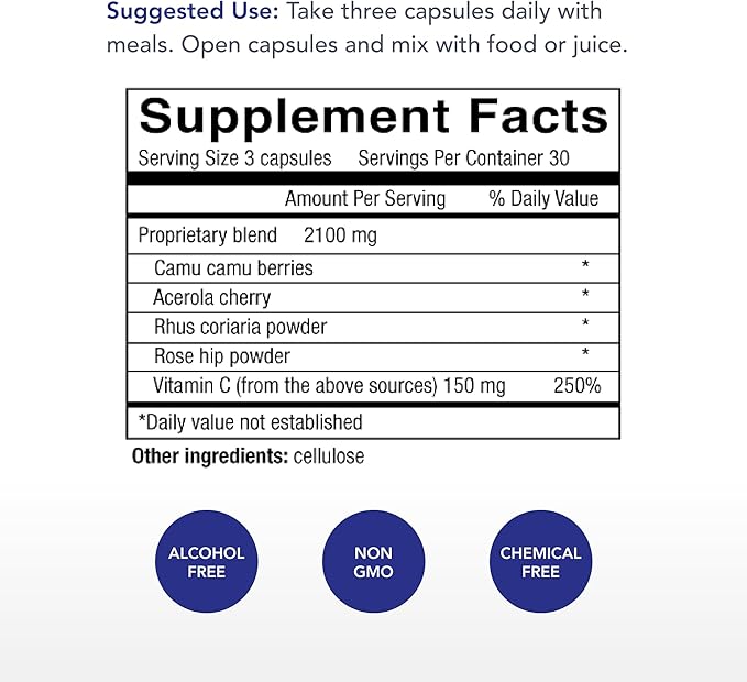 Physician's Strength Power-C - 90 Capsules - Raw Food Vitamin C + Flavonoids from Camu Camu Acerola Cherry Rhus coriaria &amp Rose Hip - Kosher - 30 Servings