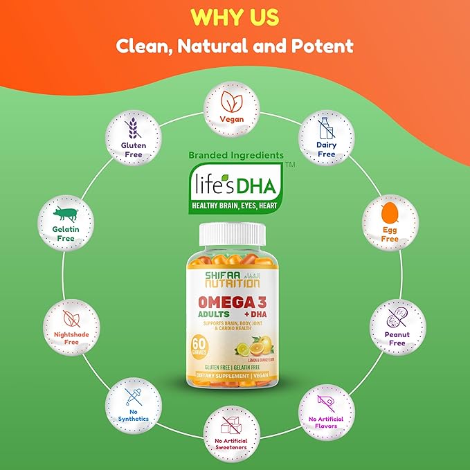 SHIFAA NUTRITION Vegan Omega 3 Gummies for Adults | No Fish Oil Burps | 60 Gummies | Plant Based w/Chia Oil Algae | Omega 3 6 9 w/DHA Vitamin C | for Brain Cardiovascular &amp Immune Support Halal