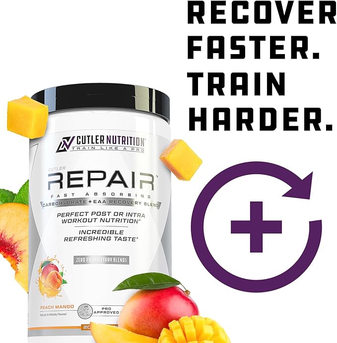 Repair Post Workout Recovery Drink: Fast Absorbing Carbohydrates (Waxy Maize + Cluster Dextrin) and BCAA/EAA for Advanced Muscle Recovery Peach Mango 20 Servings