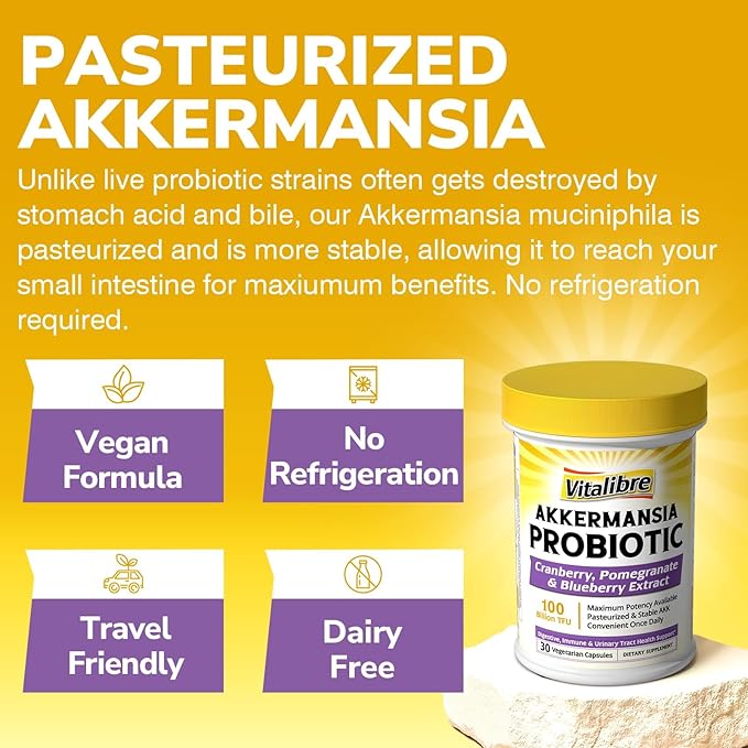 Akkermansia Probiotics 100 Billion TFU Pasteurized Akkermansia Muciniphila w/Cranberry Blueberry &amp Pomegranate Digestive &amp Immune Health Leaky Gut GLP-1 Supplement 30 Vegan Capsules