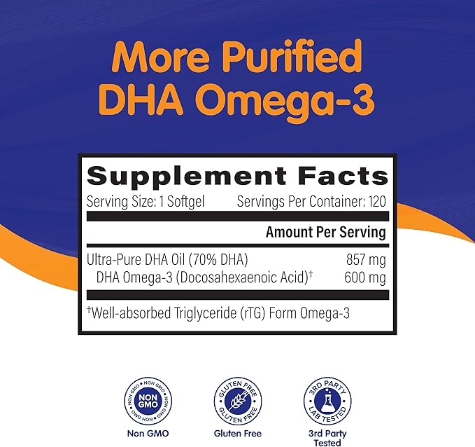 OmegaVia DHA 600 mg Ultra Pure Omega-3 DHA Supplements for Brain and Eyes DHA Prenatal Vitamins for Women Burpless Fish Oil Omega 3 IFOS Tested 120 Softgels