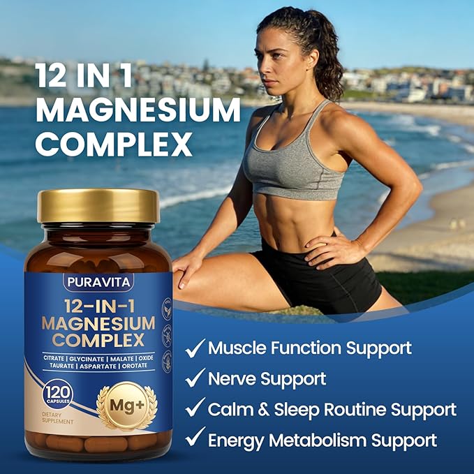 Puravita Magnesium Complex - Puravita 12 in 1 Magnesium Supplement with Glycinate Citrate Malate Oxide Taurat &amp More for Muscle Nerve &amp Sleep Support 120 Count