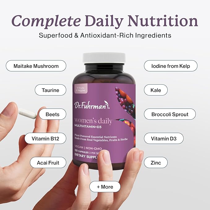 Dr. Fuhrman 2 Month Supply Multivitamin for Women + D3 Vitamin for Immune Support | Vegan Formula Womens Multivitamin with B12 &amp Zinc | Whole Food multivitamin with 17 Fruits &amp Veggies | Non G