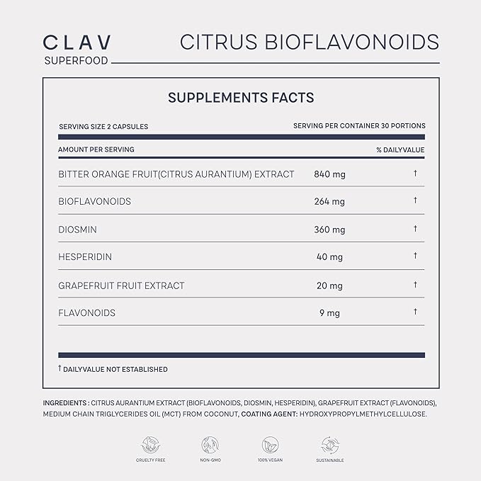 CLAV Citrus Bioflavonoids - Vegan Flavonoids Supplements Made from Bitter Orange and Grapefruit Extract - Antioxidant &amp Immune Support - 60 Capsules - Made in Germany
