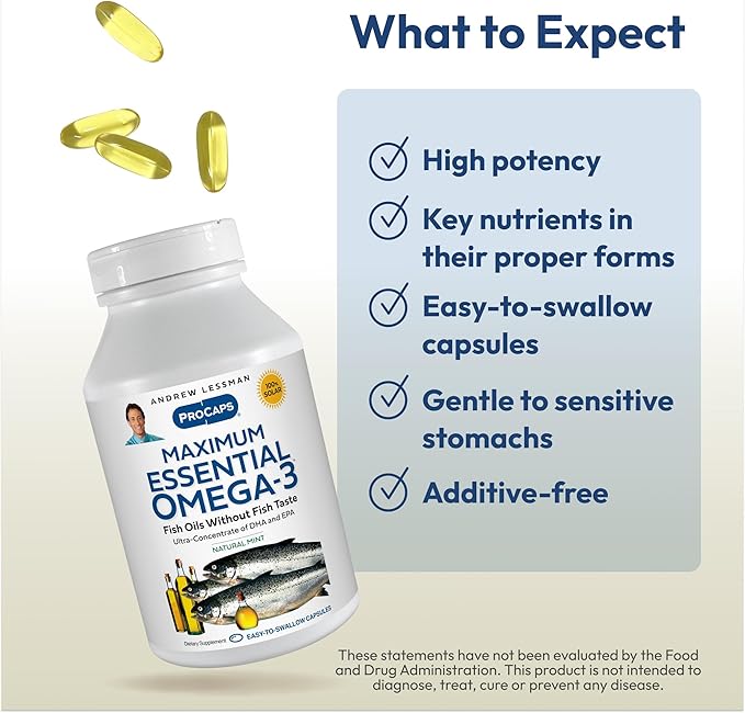 ANDREW LESSMAN Maximum Essential Omega-3 Mint - 180 Softgels - Ultra-Pure High Potency Omega-3 Oils. High DHA No Stomach Upset No Contaminants No Mercury. Small Easy to Swallow Softgels