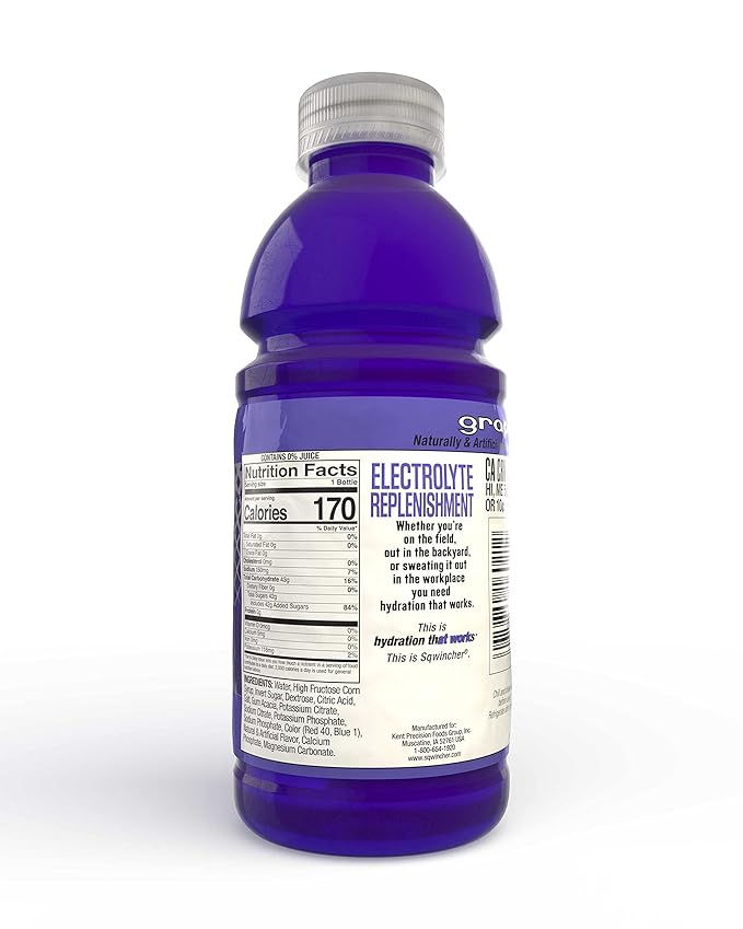 Sqwincher Activity Drink Bottles | Grape Flavored | Low Calorie | Low Sodium | Ready-to-Drink | Electrolyte Replenishment Hydration Drink | 20 oz (Case of 24)