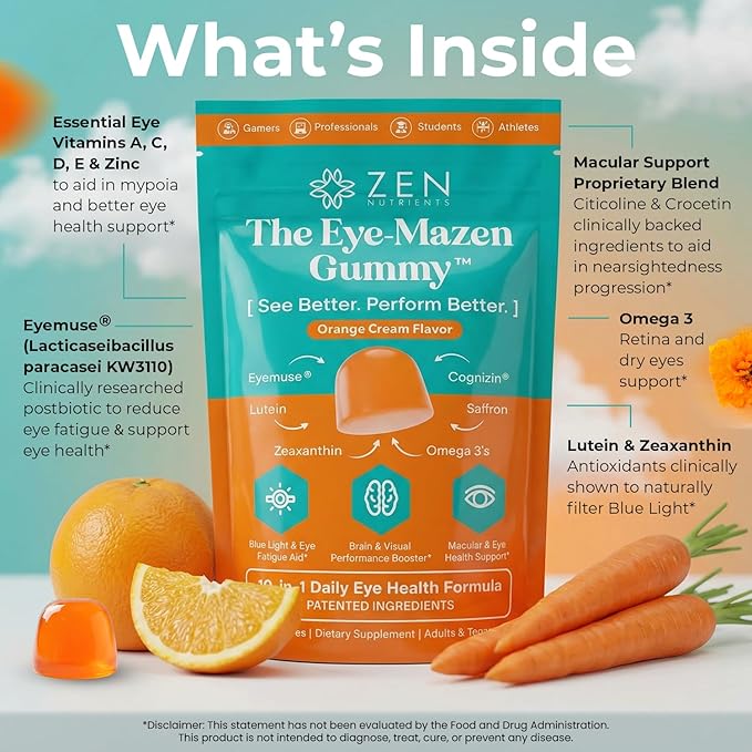 The Eye-Mazen Gummy Eye Vitamins for Vision and Eye Health - Lutein and Zeaxanthin Supplements for Eyes with Omega 3 &amp Vitamin A - Eye Supplements for Adults Kids &amp Seniors