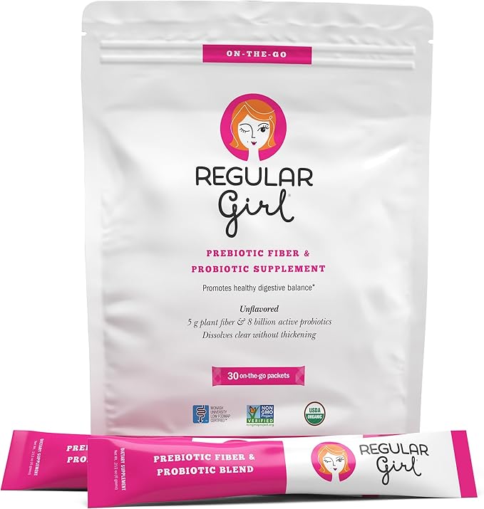 Regular Girl Organic Powder Prebiotic Fiber Supplement and Probiotics for Women Low FODMAP 30 On-The-Go Packets Unflavored 30 Serving Packets