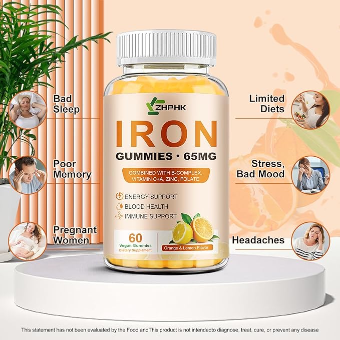 Iron Gummies Vitamin Supplement 65mg &amp Vitamin C 250mg per Serving with B6 B12 Folate- Energy Support for Iron Deficiency Anemia Vegan Orange &amp Lemon Flavor 120 Count