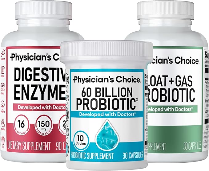 Physician's CHOICE Gut Value Bundle: 60 Billion Probiotic 30ct + Bloat &amp Gas Probiotic 30ct + Digestive Enzymes 90ct