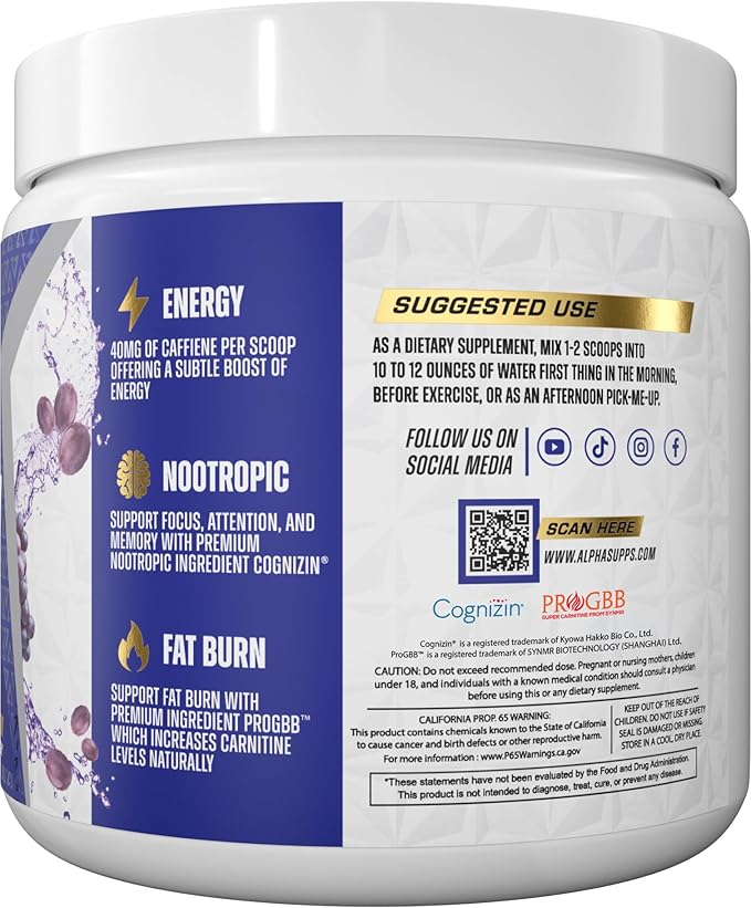 Alpha Supps Amino NRG+ BCAA Amino Energy Recovery Powder - Hydration Blend with Electrolytes - Focus Blend for Optimal Performance Support in Men &amp Women (30 Servings Juicy Grape)