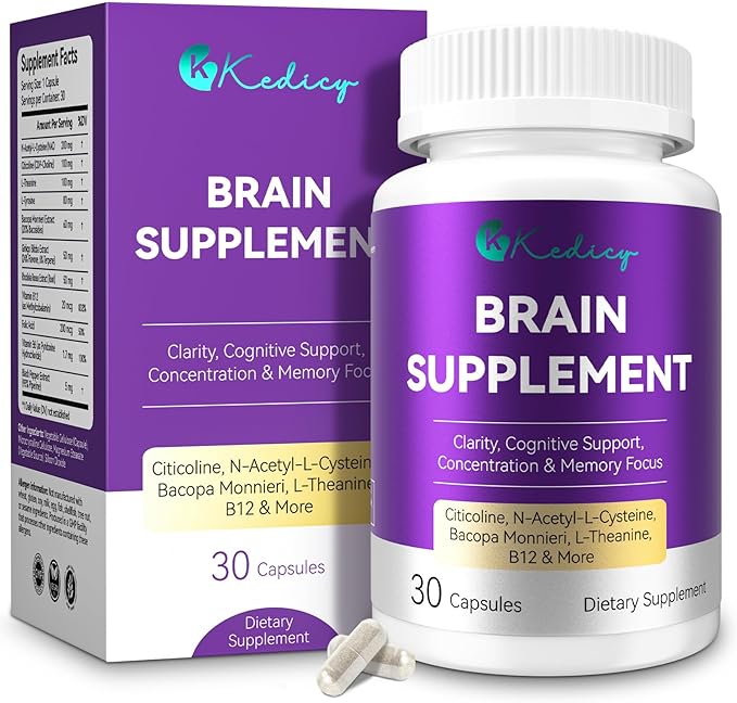 Brain Supplements for Memory and Focus 11 in 1 Brain Supplement with NAC B12 L-Theanine Bacopa Monnieri &amp More - for Brain Cognitive Mental Clarity &amp Concentration - Vegan 30 Caps(30 Se