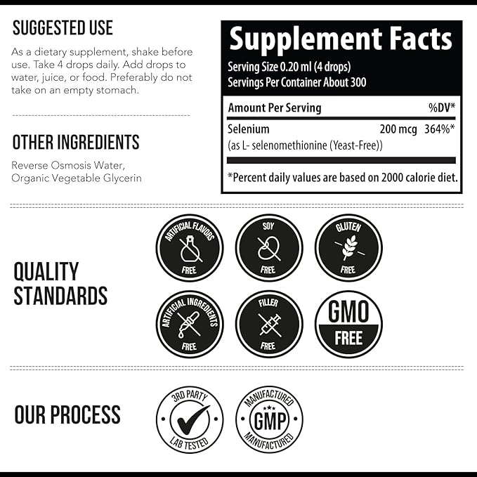 Selenium - 200 mcg Selenomethionine Form 300 Servings - Vegan Glass Bottle Yeast Free - Sublingual Liquid Concentrate - Antioxidant Supports Immunity Thyroid Health (2 oz.)