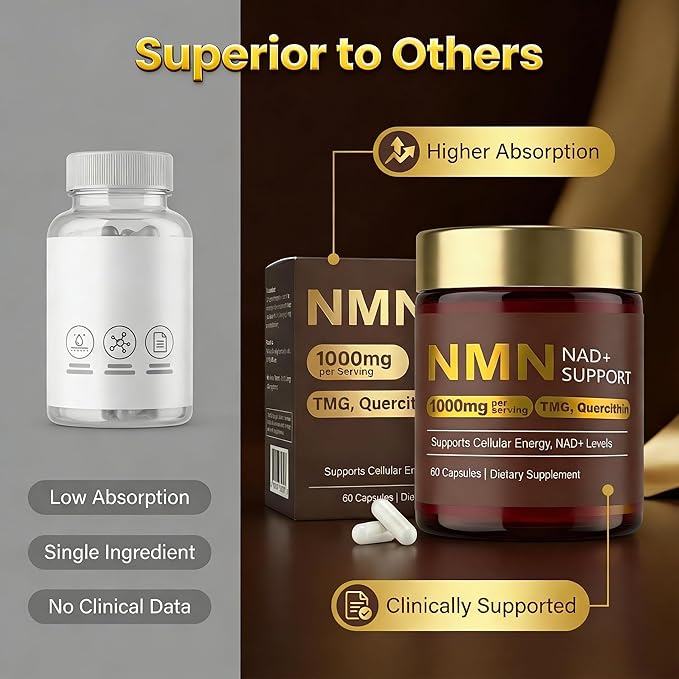 NMN Supplement 1000mg 4-in-1 Liposomal NMN for NAD+ Supplement nmn Supplement with Quercetin Cellular Energy &amp NAD+ Levels Support for Men &amp Women 60 Capsules