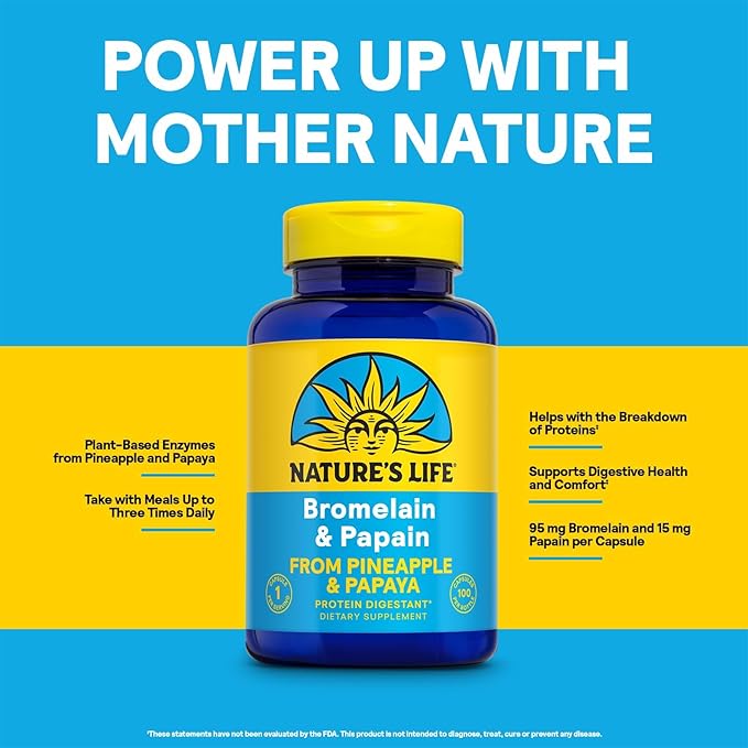 Nature's Life Bromelain &amp Papain from Pineapple and Papaya - Digestive Enzymes for Women and Men - Protein Digestion Digestive Health Gut Health Support - Vegan 60-Day Guarantee - 100 Servings