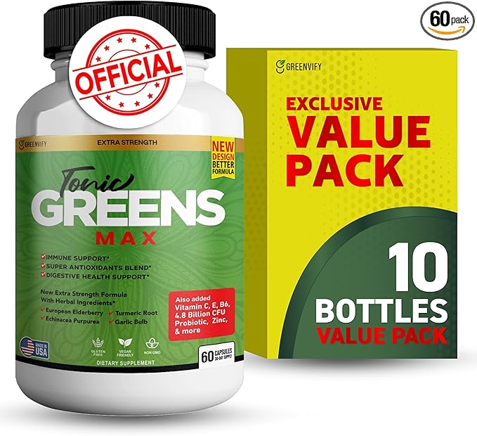 Tonic Greens Max Extra Strength Immune Support Supplement 60 Capsules with Elderberry Turmeric Probiotics (10)