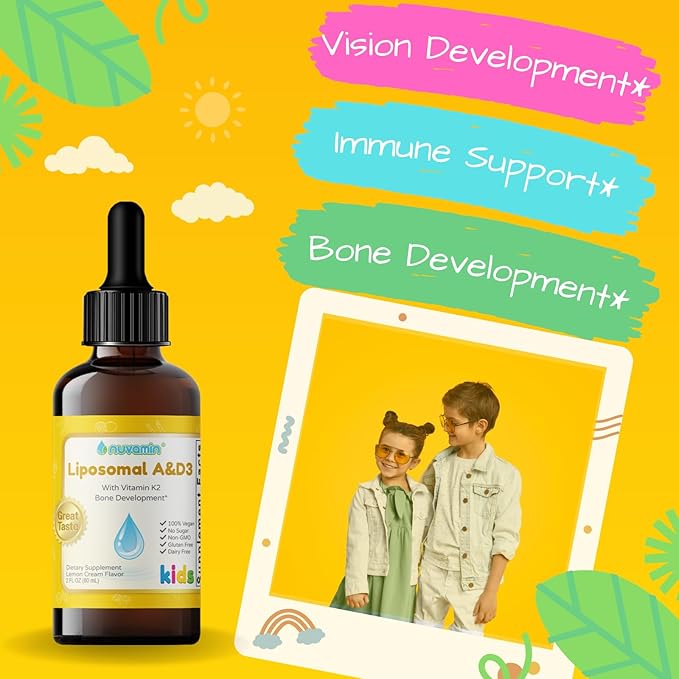 Nuvamin – Liquid Liposomal Vitamin A &amp D3 Drops with K2 for Baby Toddlers Kids &amp Adults 800 IU/mL 2 Fl.Oz (60ml) 120 Daily Serving Great Taste - All Natural - Superior Absorption Lemon Fl