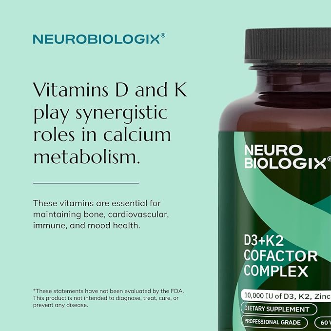 Neurobiologix Vitamin D3 + K2 Cofactor Complex High Potency 10000 IU Vitamin D3 K2 MK-7 Zinc &amp Boron Bone Strength Cardiovascular Sup 60 Capsules
