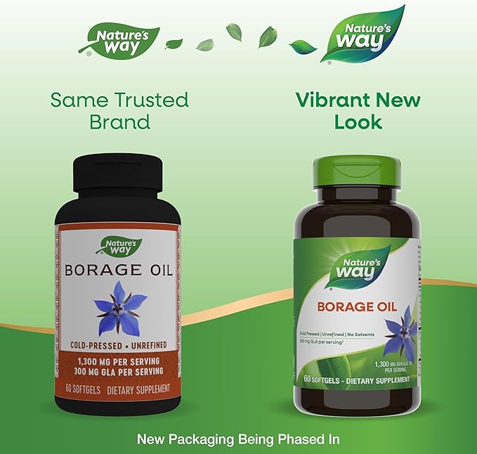 Nature's Way Borage Oil Supplements Cold Pressed &amp Unrefined 300 mg GLA and 440 mg Linoleic Acid per Serving 60 Softgels (Packaging May Vary)