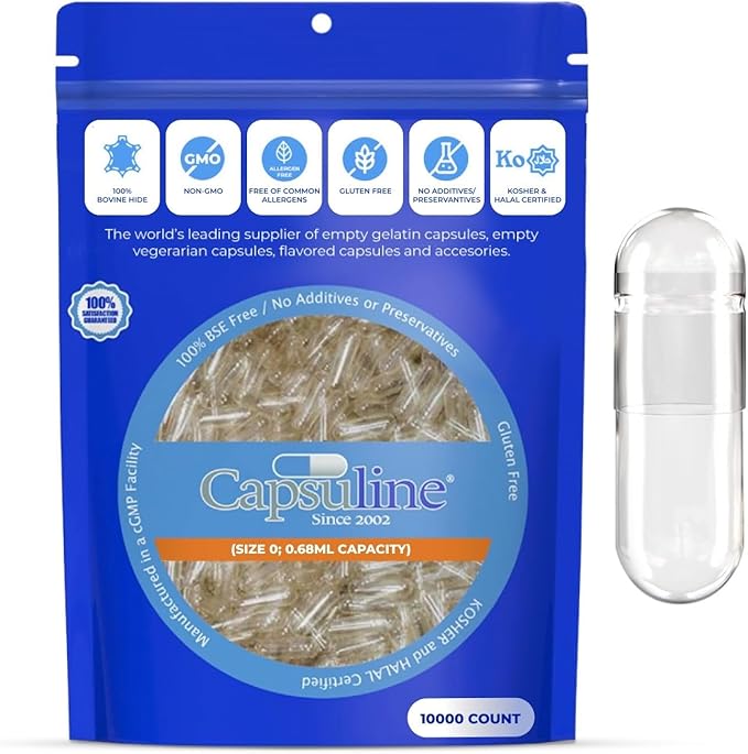 Capsuline Size 0 Gelatin Empty Capsules 5000 Count Empty Gel Pill Capsules DIY Pure Bovine Pill Capsule Filling Empty Caps Kosher Gluten Free and Non-GMO Certified Clear