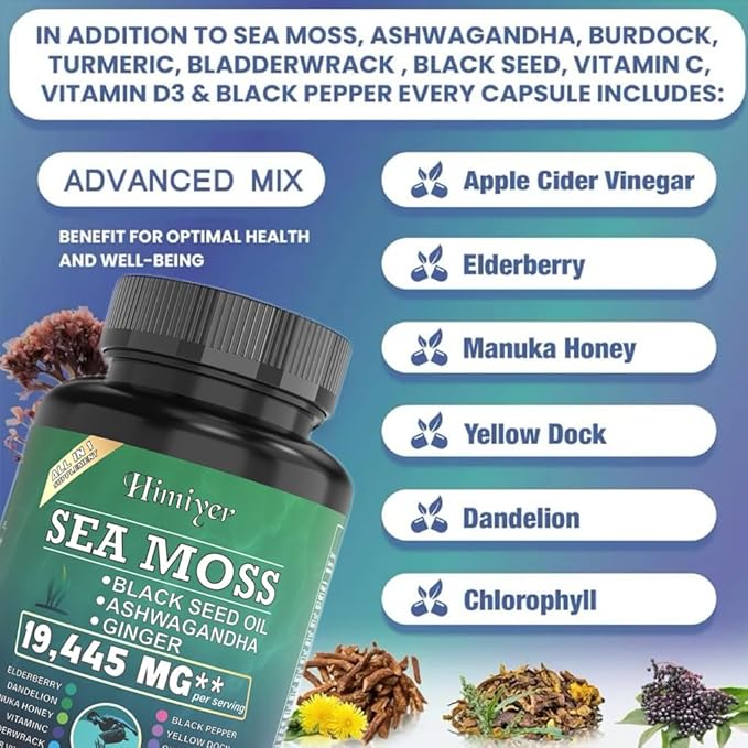 Himiyer 2pcs Ultimate Wellness Bundle - Boost Energy Immunity &amp Brain Function with 7000mg Sea Moss 4000mg Black Seed Oil 2000mg Ashwagandha 9000mg Ginger &amp Shilajit Vegan-Friendly Suppl