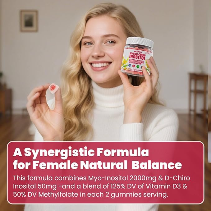 Nextdia Inositol Gummies Supplement with Evening Primrose Oil for Women - 40:1 Ratio Myo-Inositol 2000mg &amp D-Chiro Inositol 50mg with VIT D3 B12 &amp Zinc Sugar-Free for Natural Balance Vegan (
