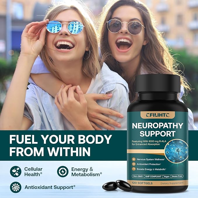 Neuropathy Support Nerve Supplement – Advanced R-Alpha Lipoic Acid Supplement with Benfotiamine NAC &amp B-Complex for Nerve Health Antioxidant &amp Cellular Energy - Vegan 120 Softgels