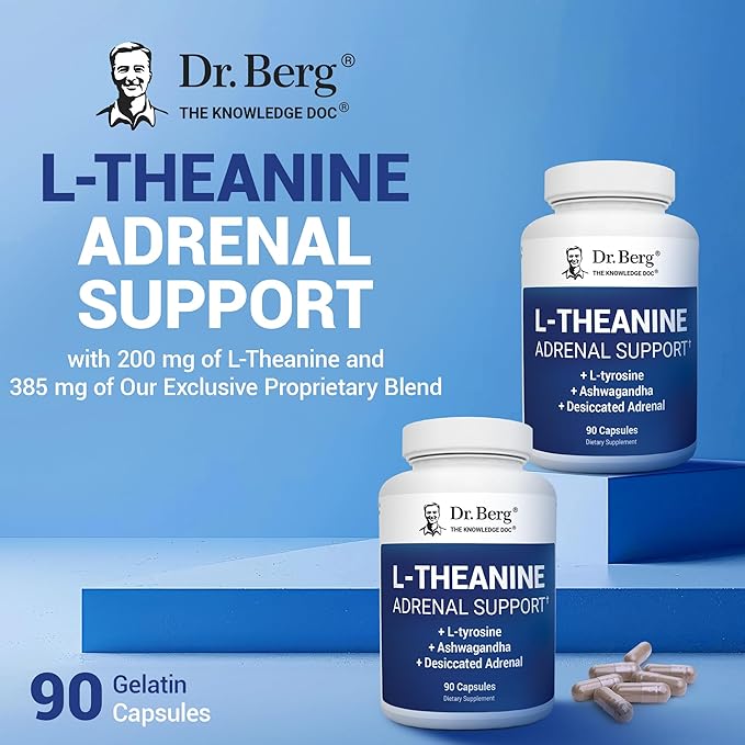 Dr. Berg L-Theanine 200mg - Includes Zinc Copper L-Tyrosine &amp Ashwagandha – L-Theanine Supplement Adrenal Support - for Relaxation Stress Relief and Mental Clarity* – 90 Gelatin Capsules